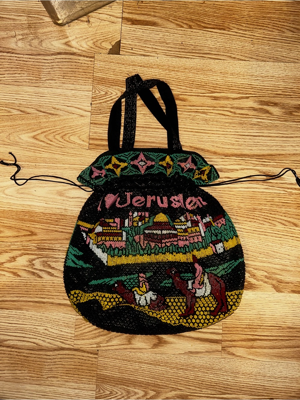 Vintage Jerusalem Beaded Tote Bag 15.5” x 15.5” Made in Israel Camel Design